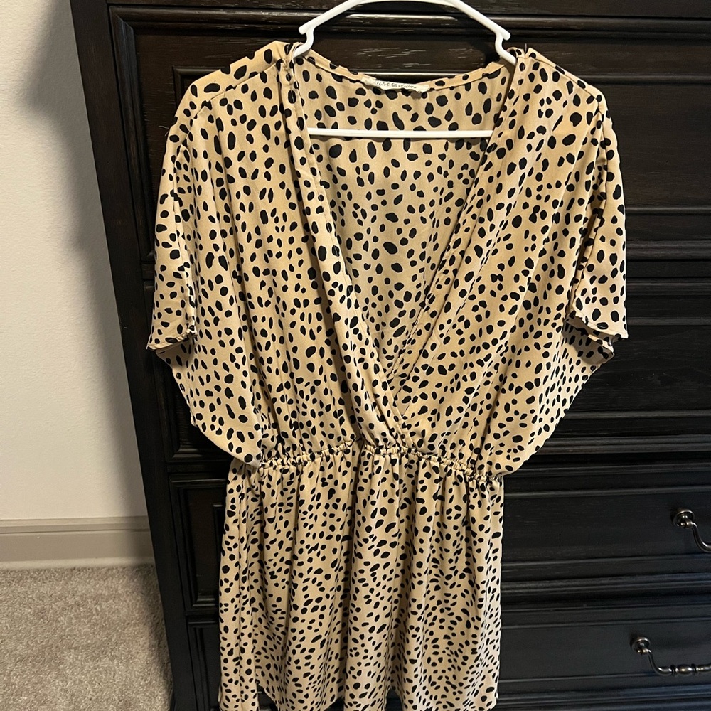 Chic Soul Tan and Black Dotted Surplice Waist Dress